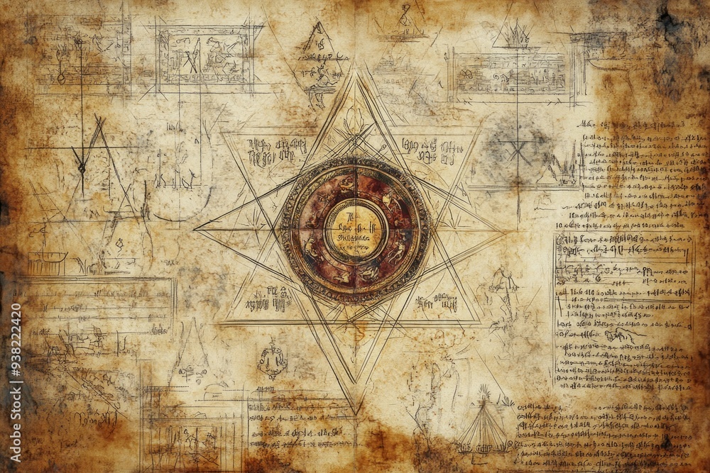 Naklejka premium Seal of Solomon Ancient Manuscript Judaism, Islam Religion Spiritual Symbol