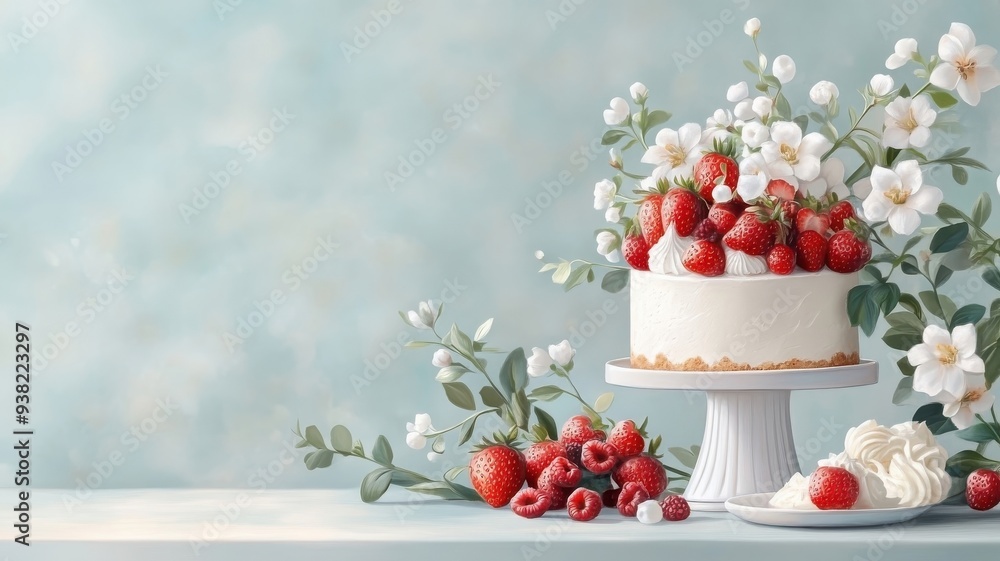 A festive dessert table featuring a vibrant strawberry cheesecake adorned with fresh berries, inviting guests to indulge. A festive dessert table featuring a vibrant strawberry cheesecake adorned with fresh berries, inviting guests to indulge.
