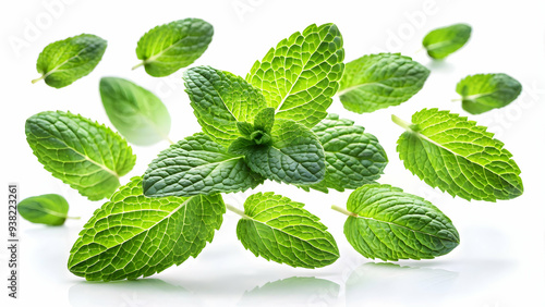 Aromatic mint leaves, crisp edges, distinct veins, refreshing hue, isolated on white background Green mint leaves, graceful 