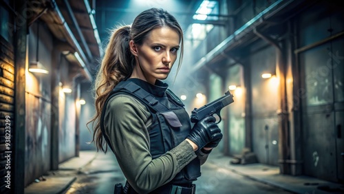 Confident woman in tactical gear holds a handgun, standing strong with a determined expression in a dimly lit, gritty urban environment background. photo