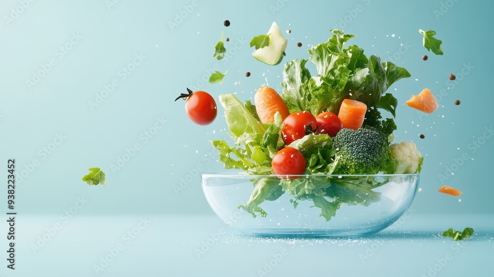 Surreal fresh vegetables on floating glass disk, sky background, light and levitating. Surreal fresh vegetables on floating glass disk, sky background, light and levitating.