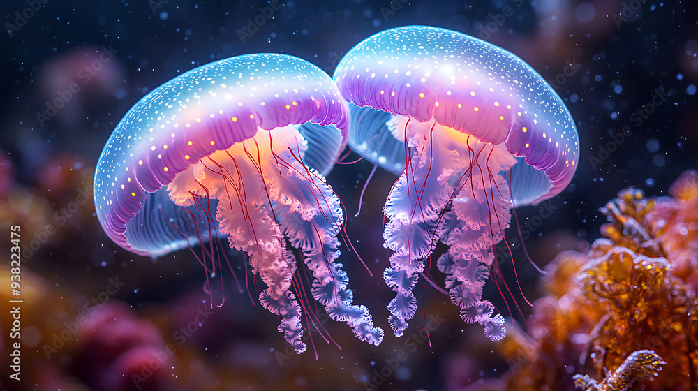 illustration of two colorful baby jellyfish in the sea illustration of two colorful baby jellyfish in the sea
