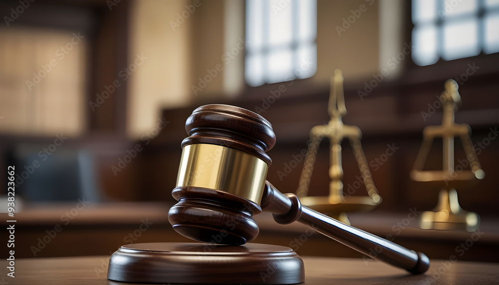 A legal judges wooden hammer and blurred background. Generative AI A legal judges wooden hammer and blurred background. Generative AI