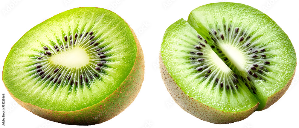 Fototapeta premium Kiwi Zest: A macro masterpiece of a kiwi slice, showcasing its vibrant green flesh, intricate seed patterns, and refreshing juiciness, isolated on transparent background.