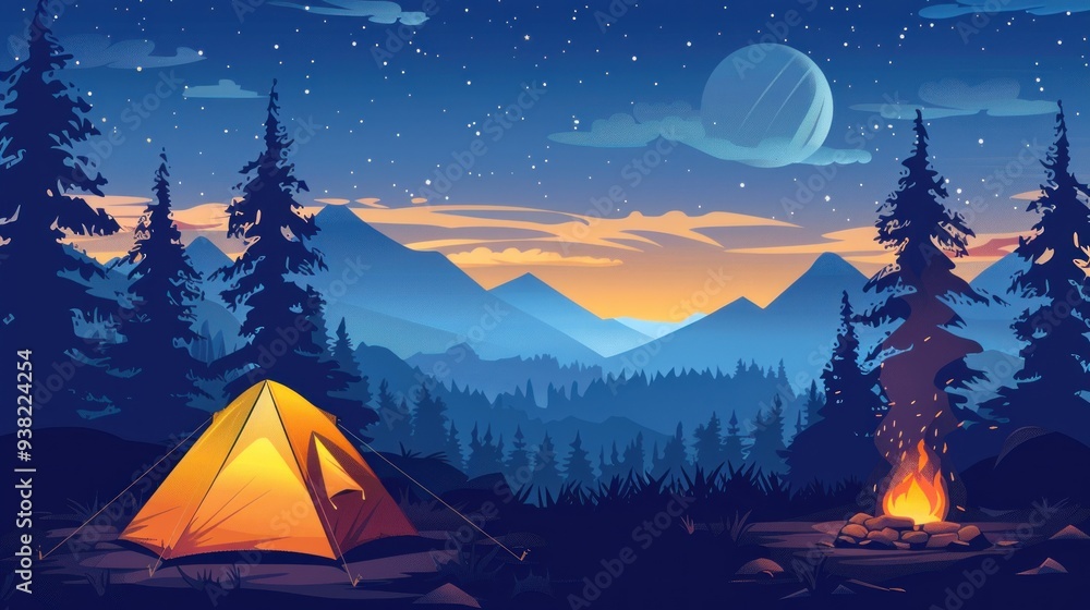 Camping under the stars, featuring a tent, campfire, and a breathtaking view of the mountains at night. Perfect for adventure, nature, and travel designs. Camping under the stars, featuring a tent, campfire, and a breathtaking view of the mountains at night. Perfect for adventure, nature, and travel designs.