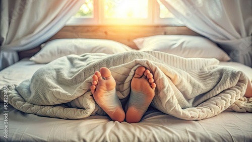 Cozy feet peek out from under a soft, wrinkled blanket, surrounded by pillows, in a serene and peaceful morning sleep scene with natural light. photo