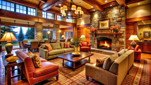 Cozy hotel lobby with plush couches, wooden furniture, and vibrant decor, warm lighting, and a stone fireplace, perfect for a relaxing family gathering. photo