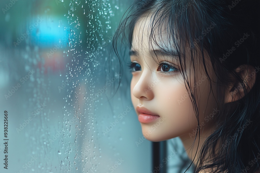 Sad Asian girl looks out through window on rainy day Sad Asian girl looks out through window on rainy day