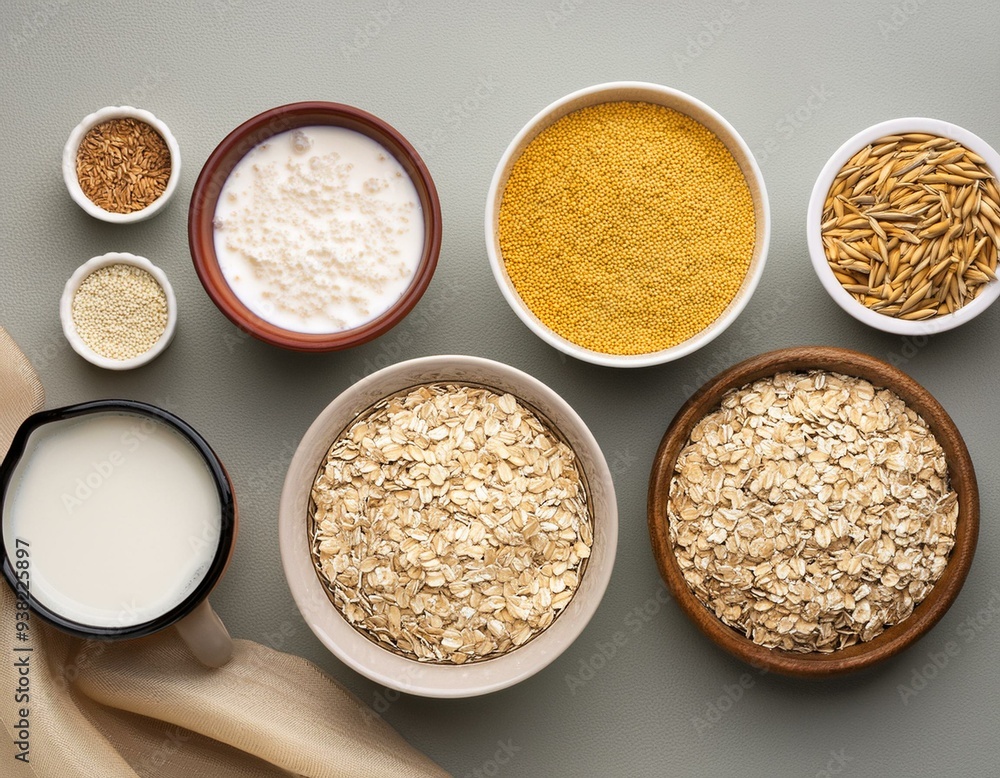 Oat products from flakes, milk, flour and whole grains top view. Healthy food, vegetarian diet concept. Oat products from flakes, milk, flour and whole grains top view. Healthy food, vegetarian diet concept.