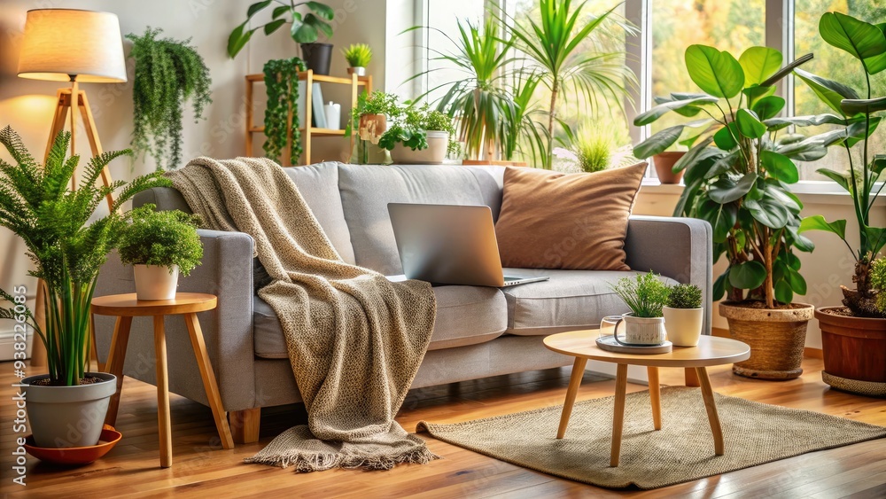 Cozy living room with sofa, throw blanket, and laptop, surrounded by plants, creating a warm and inviting atmosphere perfect for relaxing and working from home. Cozy living room with sofa, throw blanket, and laptop, surrounded by plants, creating a warm and inviting atmosphere perfect for relaxing and working from home.