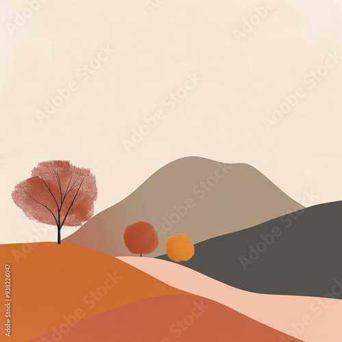 Abstract Autumn Hills with Trees, Minimalist Design in Earth Tones