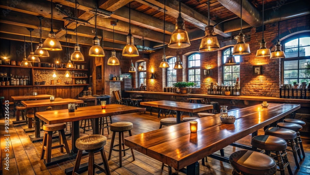 Cozy pub interior with rustic wooden tables, dim lighting, and rows of beer taps, creating a warm and inviting atmosphere for social gatherings. Cozy pub interior with rustic wooden tables, dim lighting, and rows of beer taps, creating a warm and inviting atmosphere for social gatherings.