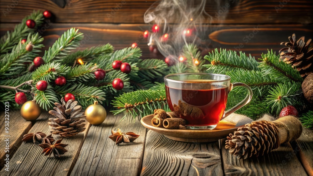 Cozy winter scene featuring a steaming mug of hot tea surrounded by festive holiday decorations, pinecones, and evergreen branches on a rustic wooden table. Cozy winter scene featuring a steaming mug of hot tea surrounded by festive holiday decorations, pinecones, and evergreen branches on a rustic wooden table.