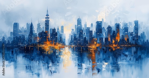 abstract cityscape, buildings in shades of blue and gray with orange accents