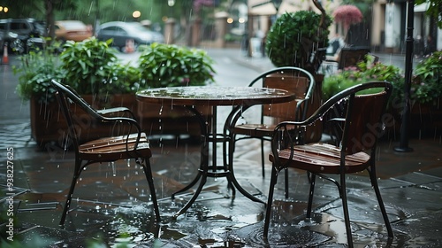 Rainy day chairs and table in rain