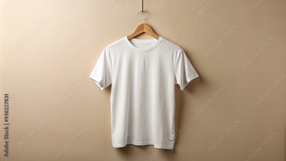 Crisp, clean, and classic, a simple white crew-neck t-shirt hangs elegantly on a hanger, exemplifying timeless simplicity and effortless style against a neutral background. Crisp, clean, and classic, a simple white crew-neck t-shirt hangs elegantly on a hanger, exemplifying timeless simplicity and effortless style against a neutral background.