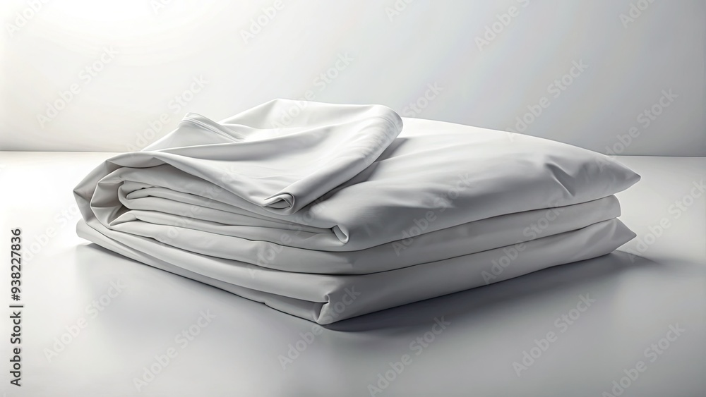 Crisp, folded white bed sheet isolated on a pure white background, softly lit with subtle shadows, evoking a sense of cleanliness and serenity. Crisp, folded white bed sheet isolated on a pure white background, softly lit with subtle shadows, evoking a sense of cleanliness and serenity.