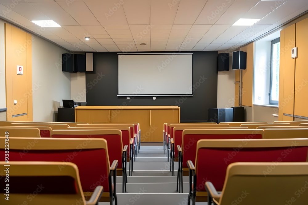 Fototapeta premium Empty classroom, presentation room with red chair and white chalkboard in the background. Generated AI.