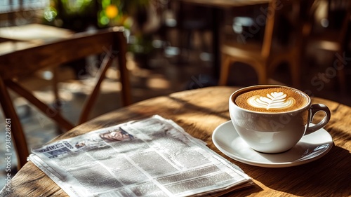 Cup of cappuccino with newspaper on the table, coffee shop background, warm tone