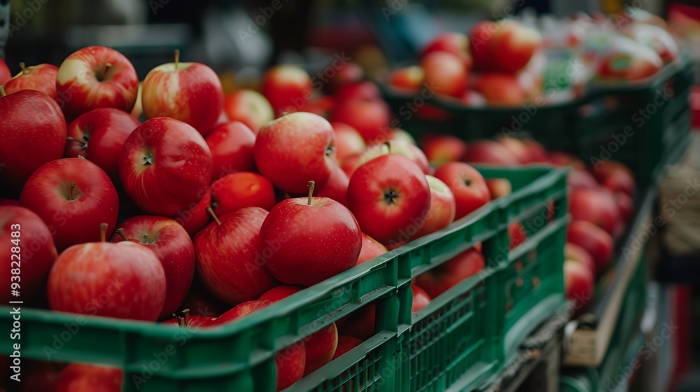 Red apples in a green basket on a market stall close up Red apples in a green basket on a market stall close up