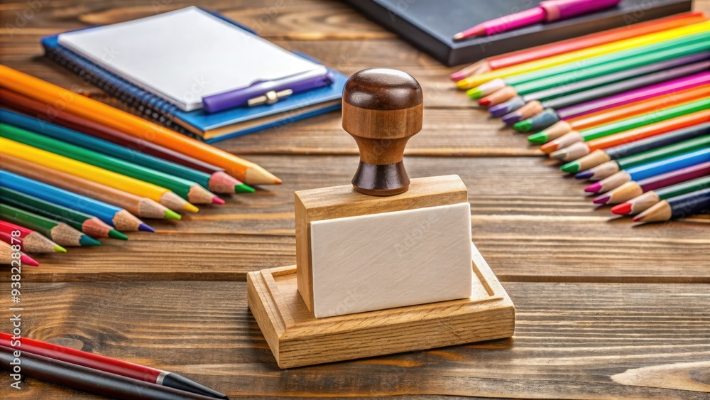 Customizable rubber stamp with blank center on a wooden table, surrounded by colorful pens and papers, ready for creative text or design addition. Customizable rubber stamp with blank center on a wooden table, surrounded by colorful pens and papers, ready for creative text or design addition.