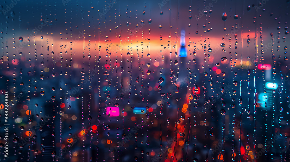 A glass window with water drops, overlooking at the big city, urban nightscape A glass window with water drops, overlooking at the big city, urban nightscape