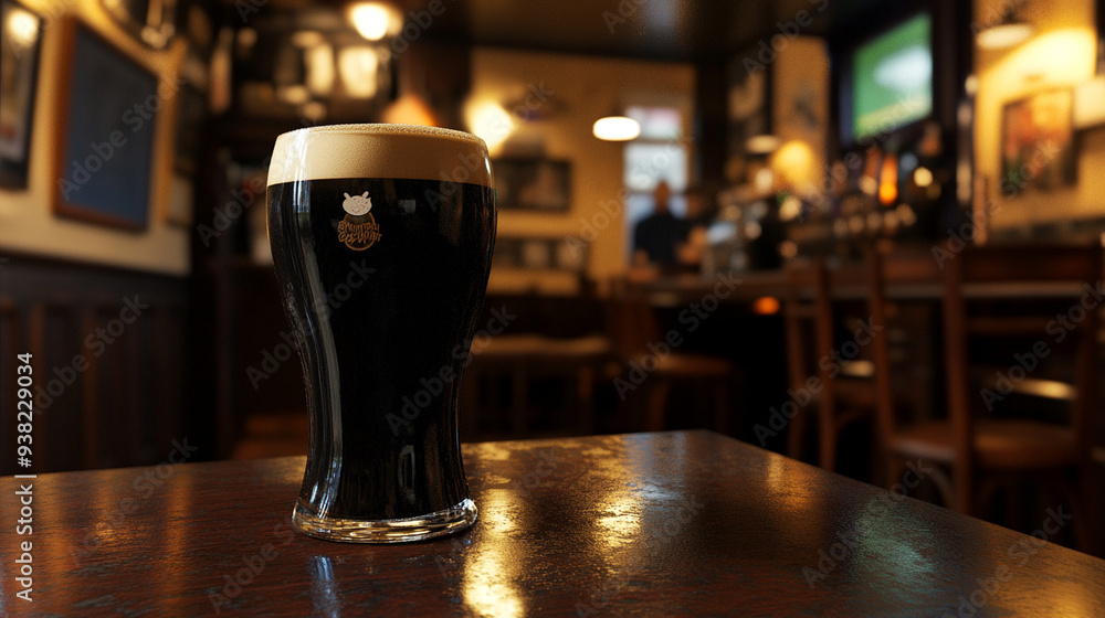 Dark Beer Pint on Wooden Bar Counter in Classic Pub Interior. Dark Beer Pint on Wooden Bar Counter in Classic Pub Interior.