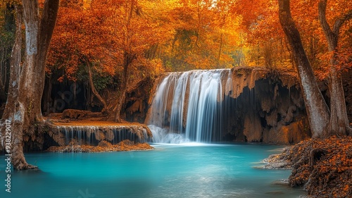 Waterfall in autumn forest at Erawan National Park