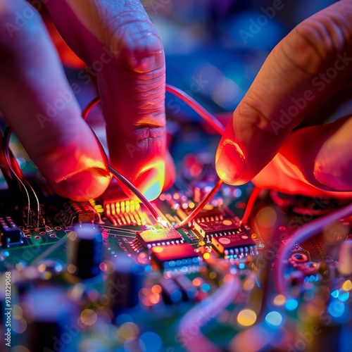 Close Up Of Hands Working On Circuit Board