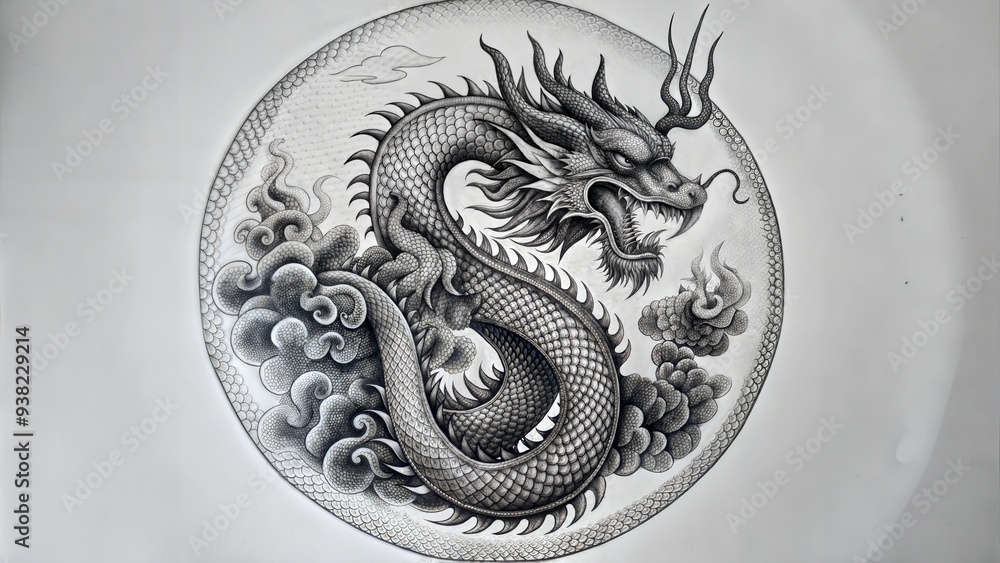 Black and Grey Chinese Dragon Tattoo Design with Clouds, Traditional ...