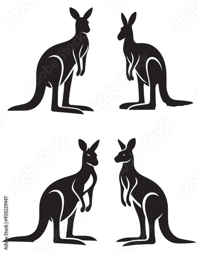 Print4 sets black of  kangaroo standing  silhouette isolated on white background png jpeg eps transparents