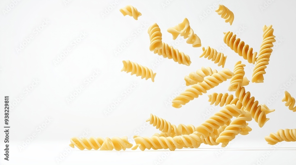 A scattering of dried fusilli pasta against a white background. A scattering of dried fusilli pasta against a white background.