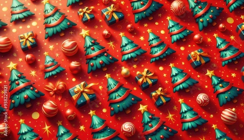 Seamless red Christmas-themed wrapping paper with vibrant cartoon Christmas trees and sparkling baubles, captured in a close-up, high- resolution shot