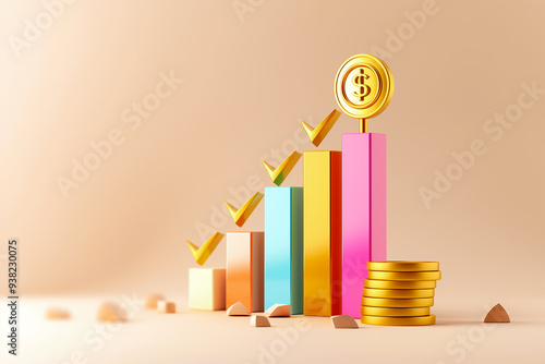 A colorful bar graph displays upward growth with golden coins stacked beside it, symbolizing financial success and investment potential in a minimalist design