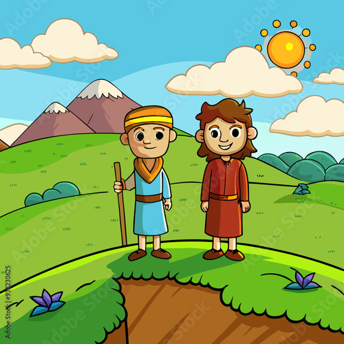 Abraham and Lot on a Hill Overlooking the Valley vector