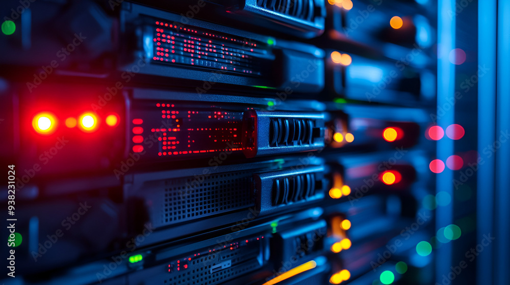 Server rack filled with illuminated network equipment in a data center during nighttime Server rack filled with illuminated network equipment in a data center during nighttime