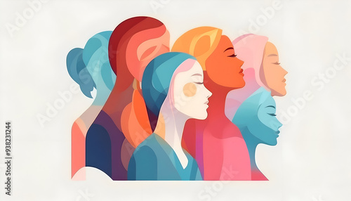 A vibrant illustration showcasing diverse women's profiles in various colors and styles on a soft background