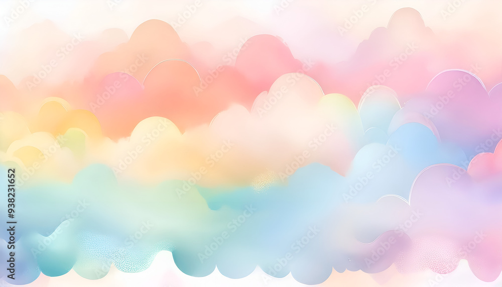 Soft pastel clouds in a serene sky at dawn, blending hues of pink, blue, and yellow over a tranquil landscape Soft pastel clouds in a serene sky at dawn, blending hues of pink, blue, and yellow over a tranquil landscape
