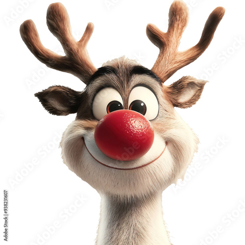 A cartoon reindeer with a red nose and a smile on its face photo