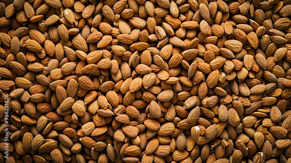 Roasted peeled almond nuts heap texture top view Roasted peeled almond nuts heap texture top view