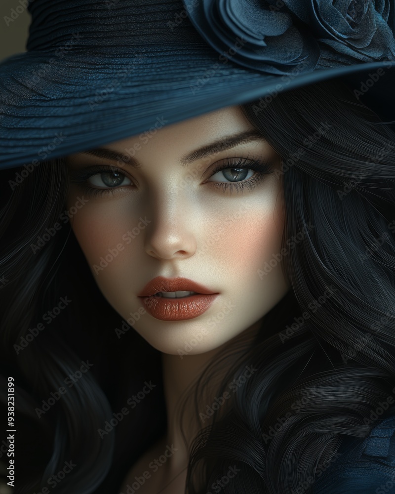 Digital portrait of a beautiful black-haired woman wearing a deep blue cloche hat. Vintage portrait of a woman with expressive eyes full of glamour. Digital portrait of a beautiful black-haired woman wearing a deep blue cloche hat. Vintage portrait of a woman with expressive eyes full of glamour.