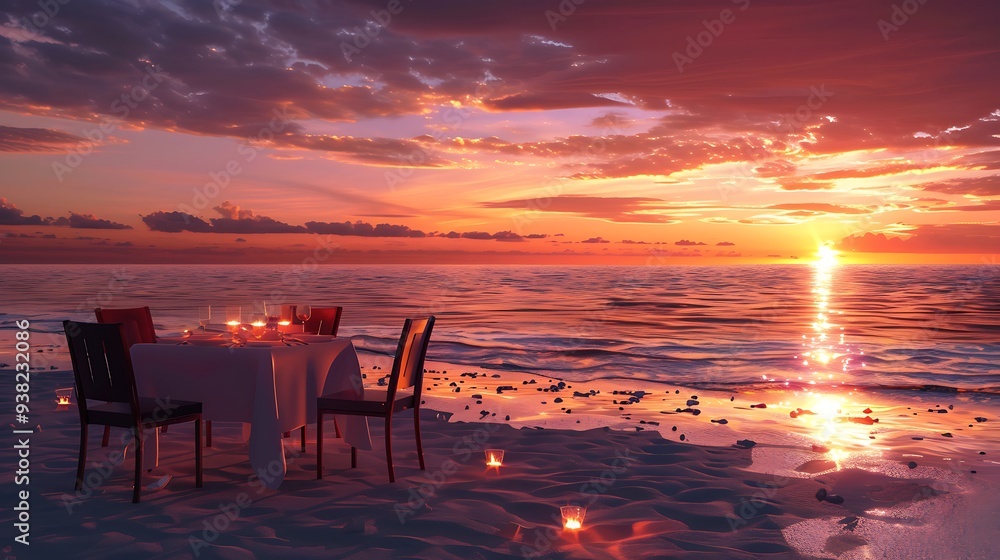 Romantic beach dinner setting with sunset sky Romantic beach dinner setting with sunset sky