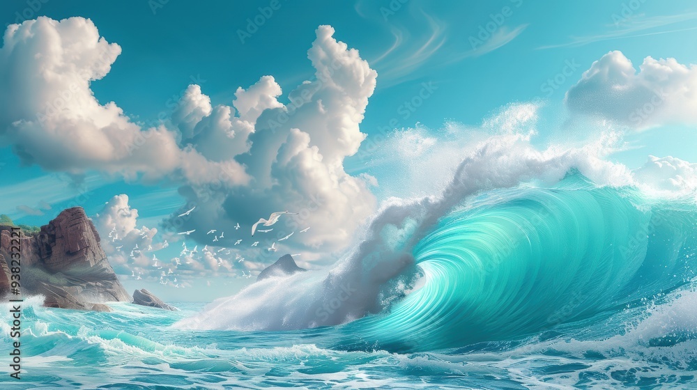 Fototapeta premium A dynamic illustration of massive splashing waves crashing against rocky cliffs, with detailed droplets and foamy textures capturing the raw power of the ocean