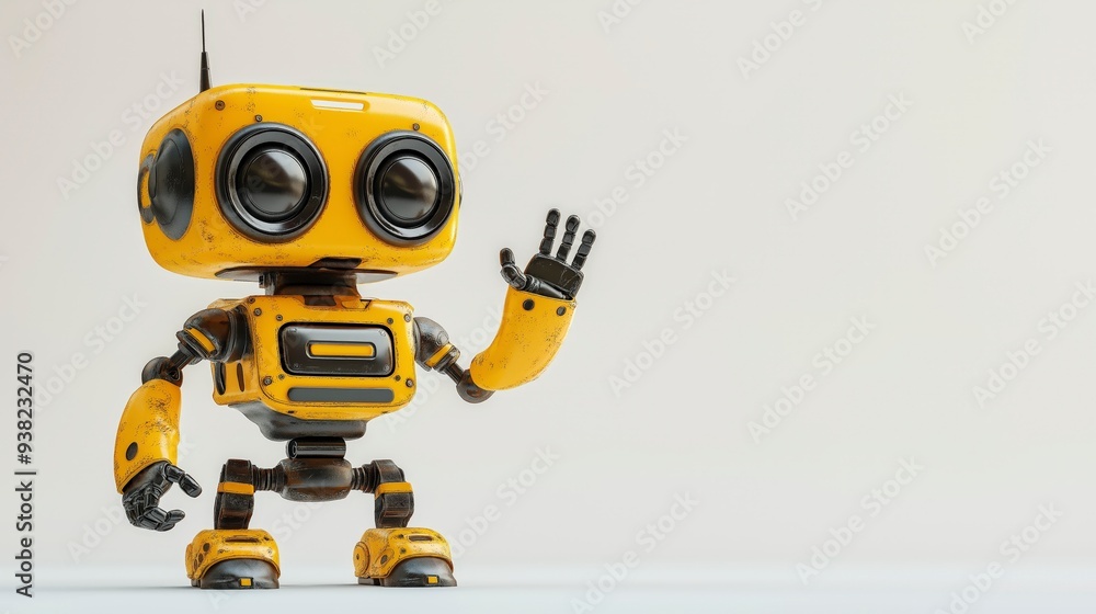 Yellow robot with black eyes, waving on a white background.