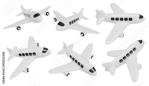 White airplanes in different angles. Isolated set of cartoon airplanes for aviation design. 3D rendering.