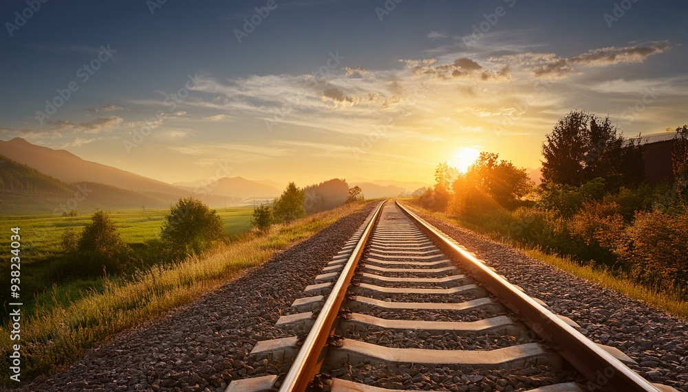 Railway Track in a Rural Scene at Sunrise Time,Detailed view of scene featuring sunset over railway. Railway Track in a Rural Scene at Sunrise Time,Detailed view of scene featuring sunset over railway.