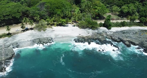 Areal drone view of Montezuma tropical beach in Nicoya Peninsula, in Costa Rica, central America