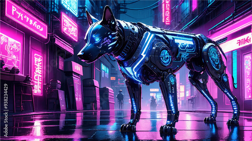 Robot dog with neon effects in future