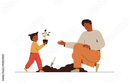 Father with daughter plant a young tree. Man helps girl to seed a sapling in city park or garden. Family work outside in nature together for ecology and environment conservation. Vector illustration