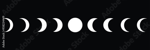 Moon phases astronomy icon silhouette symbol set. Full moon and crescent sign logo. Vector illustration. Isolated on background.